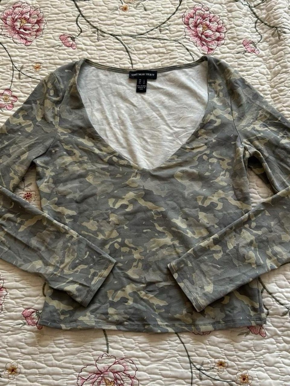 Streetwear Society Olive Camo Long Sleeve V-Neck Top